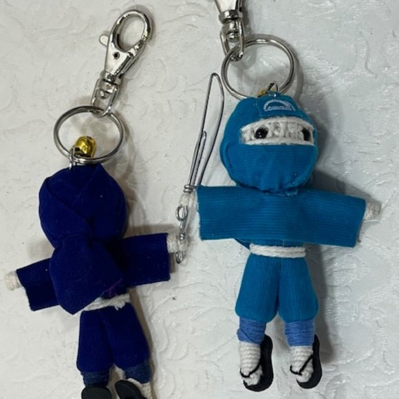 TWO Ninja String Doll Keychain Toys w/Swords Royal Blue/Blue 2.5" x 3" NEW - Picture 9 of 11
